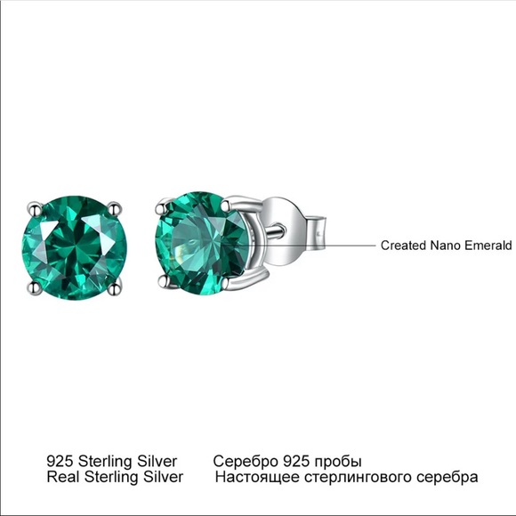 Sterling Silver 925 Emerald Stud Earrings - Picture 2 of 6